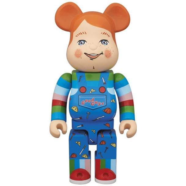 1000% Bearbrick Good Guy figure from Child's Play in colorful overalls and striped sleeves