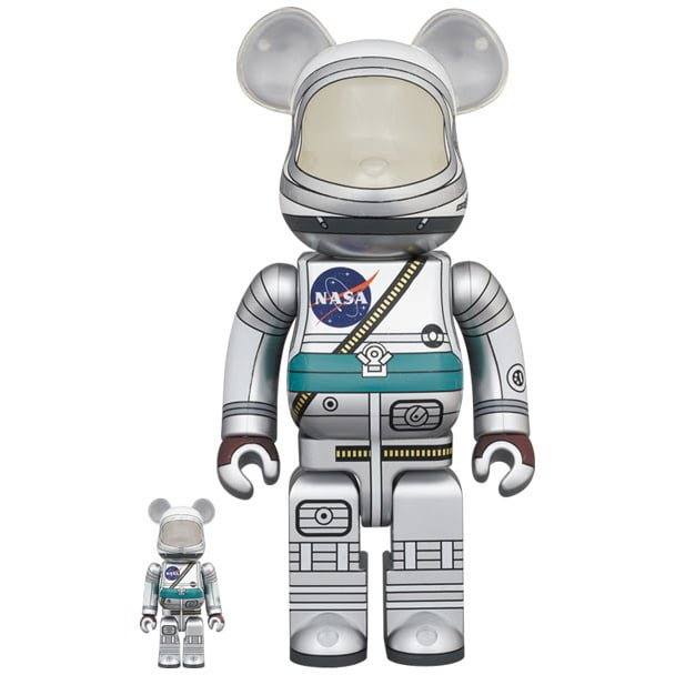 400 & 100 Bearbrick figures dressed as Project Mercury NASA astronauts in silver space suits
