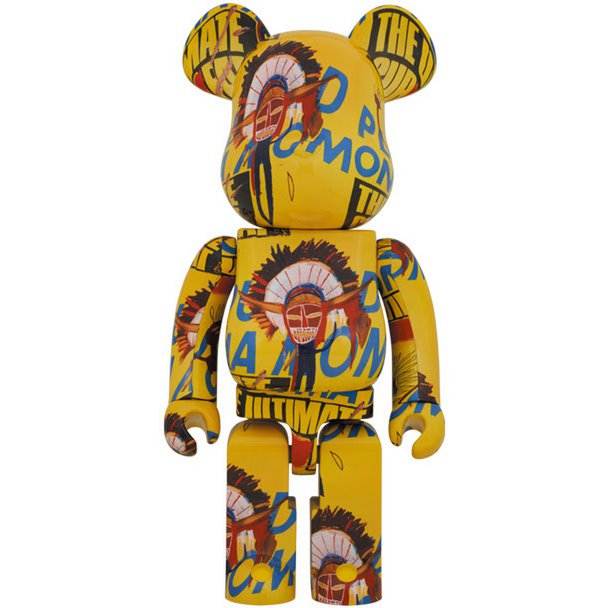 1000% Bearbrick Andy Warhol x Jean-Michel Basquiat (V3 - Coma Mom) with vibrant yellow art design.