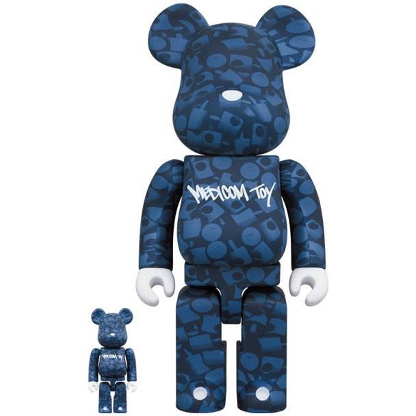 400% & 100% Bearbrick set with blue graffiti pattern by Stash for Medicom Toys.