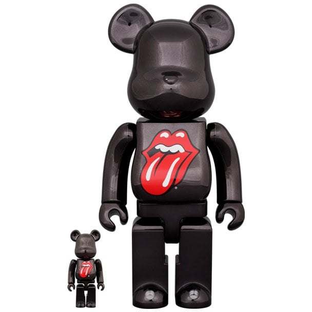 400 & 100 Bearbrick figures featuring The Rolling Stones Hot Lips logo in black chrome finish