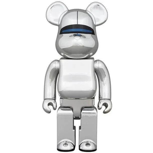 400% Bearbrick Hajime Sorayama Robot Blue Lights Edition by Medicom Toy, silver futuristic design with illuminated eyes.