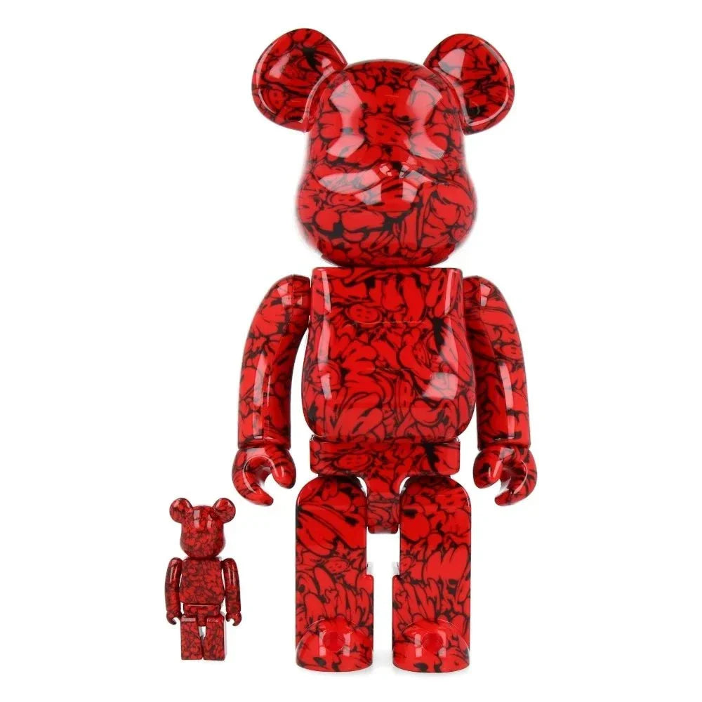 400% & 100% Bearbrick set - Mr. Scarlet by Shun Sudo, featuring intricate red floral design.