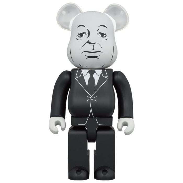 1000 Bearbrick Alfred Hitchcock figurine in monochrome suit design with silhouette logo on the back