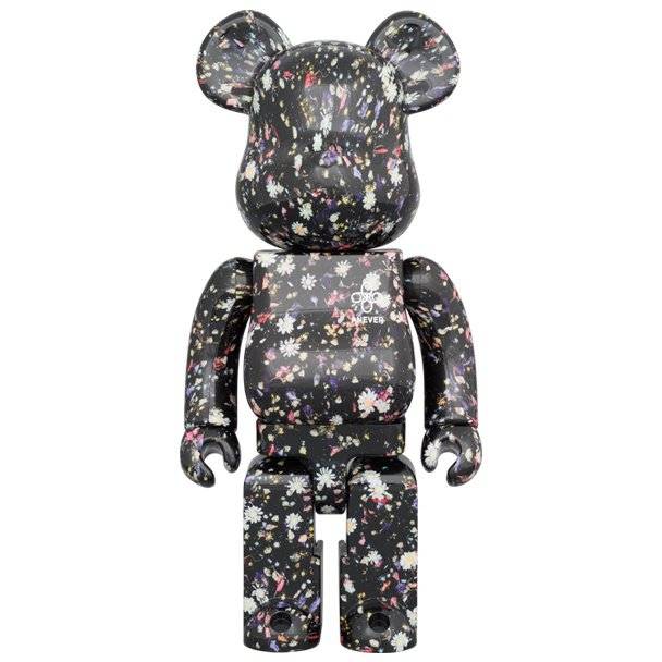 1000% Bearbrick figure in black with rainbow floral splatter design by Anever and Onward Kashiyama