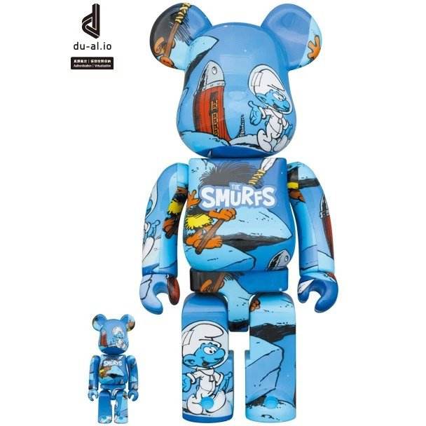 400% & 100% Bearbrick set - The Astrosmurf design from The Smurfs by Medicom Toys, featuring nostalgic 80s cartoon style.
