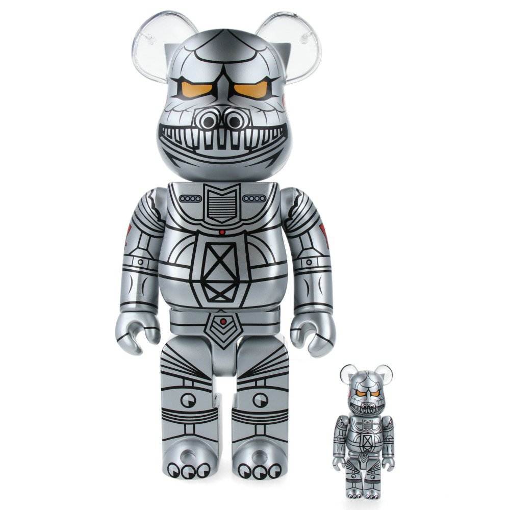 400% & 100% Bearbrick Mechagodzilla 1974 set by Medicom Toy, featuring detailed metallic design and mechanical features, ideal for collectors.