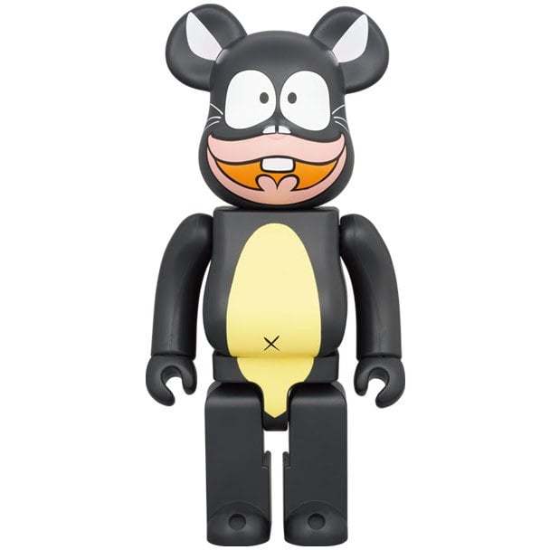 400% Bearbrick Unagi Inu figure by Medicom Toys, black and beige with cartoonish face design