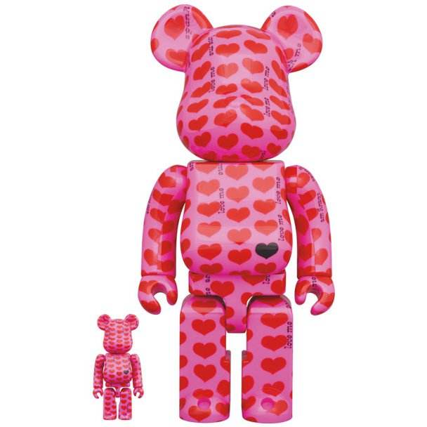 400% and 100% Bearbrick set in pink with red heart pattern inspired by guitarist Hide using water transfer printing technology