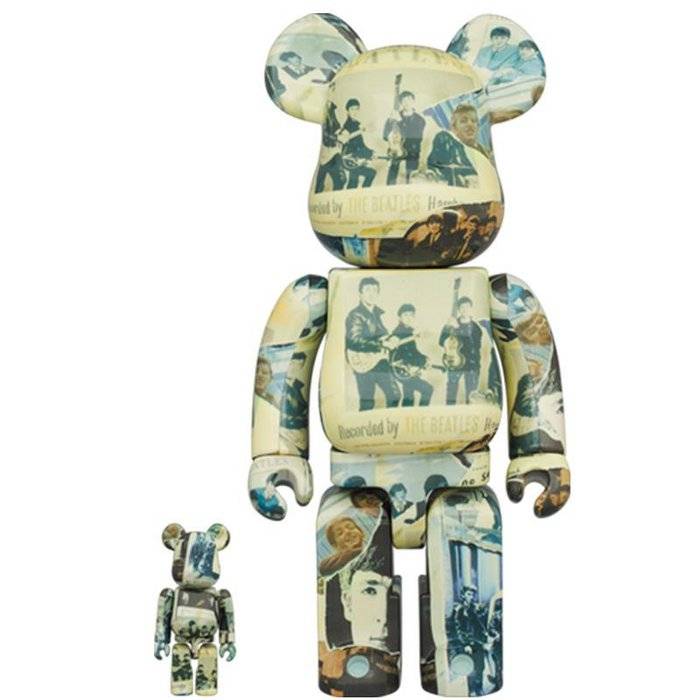 Bearbrick sæt featuring Beatles Anthology design with photographic prints on 100% and 400% Bearbrick figures