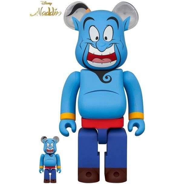 400% & 100% Bearbrick Genie Disney Aladdin set by Medicom Toy featuring iconic blue design and playful expression.