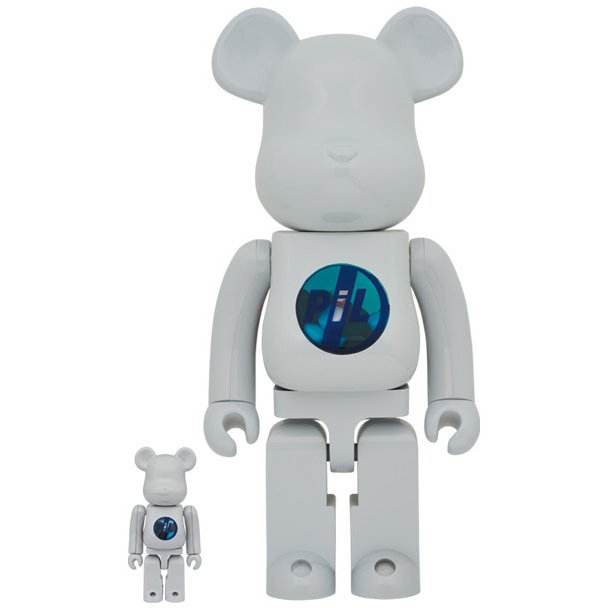 White Bearbrick sæt with blue transparent PIL logo on chest, featuring chrome body design in two sizes.