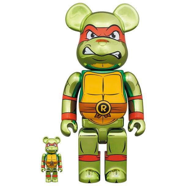 400% & 100% Bearbrick Raphael Chrome Teenage Mutant Ninja Turtles figures with shiny finish.