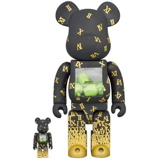 Bearbrick sæt with leopard pattern and Amplifier logo for 5th anniversary celebration.