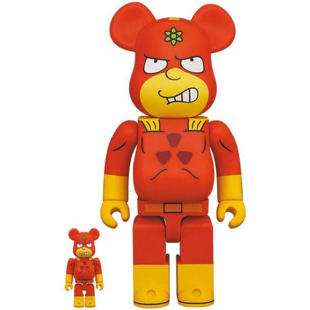 400 & 100 Bearbrick set featuring Radioactive Man from The Simpsons in red and yellow design
