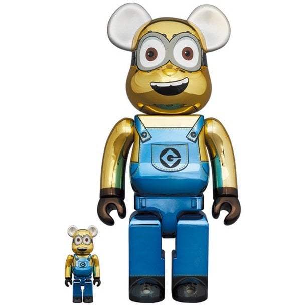Bearbrick sæt featuring chrome Minion Dave from Despicable Me 3, 400% and 100% sizes.