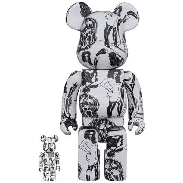 400 & 100 Bearbrick set featuring black and white artistic designs by Saiko Otake with stylized female figures and abstract patterns.
