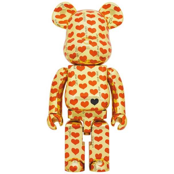 1000% Bearbrick Amplifier Gold Heart by HIDE, featuring gold bear figure with heart pattern design, limited edition collectible.