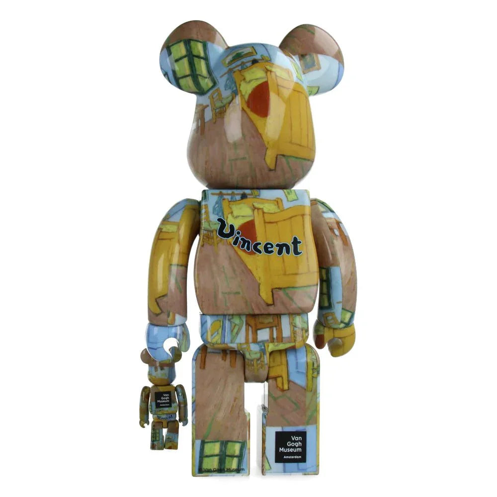 400% & 100% Bearbrick set featuring Van Gogh's "The Bedroom" painting, showcasing iconic brushwork and vibrant colors.