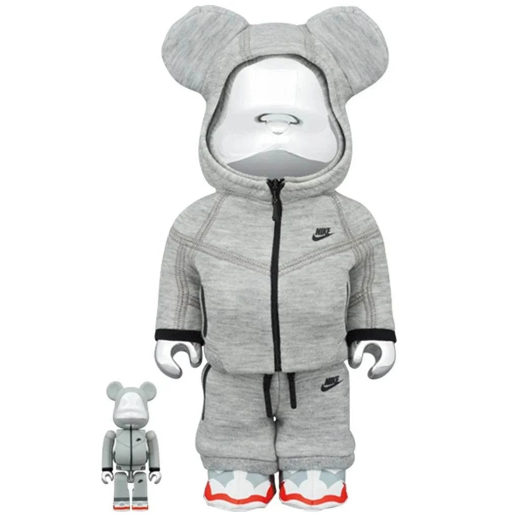 400% Bearbrick Nike Tech Fleece N98 set with 100% Bearbrick figure in gray fleece outfit, collectible design.