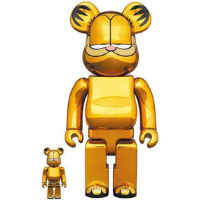 400% and 100% Bearbrick Garfield figure set in gold chrome finish