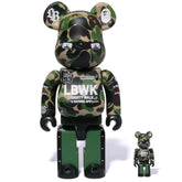 400% & 100% Bearbrick set - LBWK x BAPE Green Camo design, collectible figures.